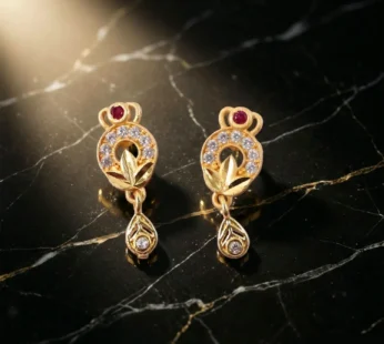 Gold Floral Drop Earrings with Ruby and White Stones (1 Pair)