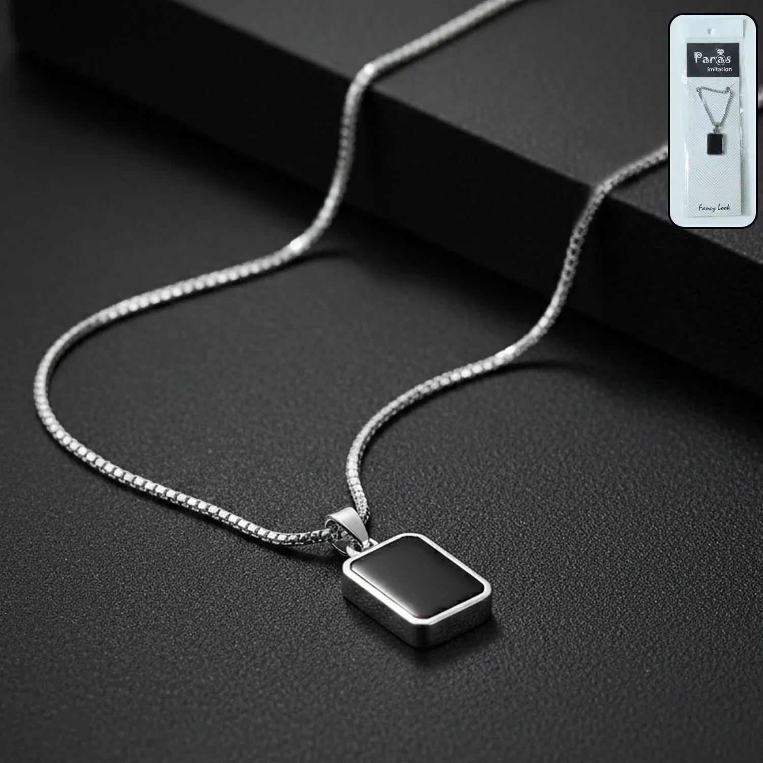 Premium Men's Stainless-Steel Pendant Chain – Sleek Black Rectangle - Buy Online at Alikart