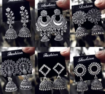 Traditional Oxidised Silver Jhumka Earrings Set Stylish Big Jhumki (6Pair Combo)