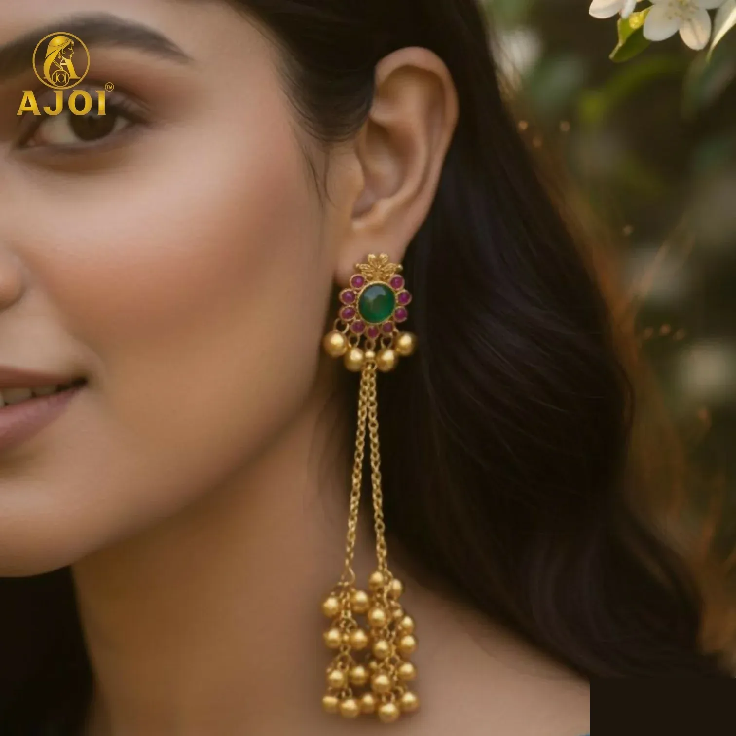 Imperial Kashmiri Gold-Plated Ear Cuff Chain Earrings with Emerald & Ruby Accents - Detailed Feature View 1