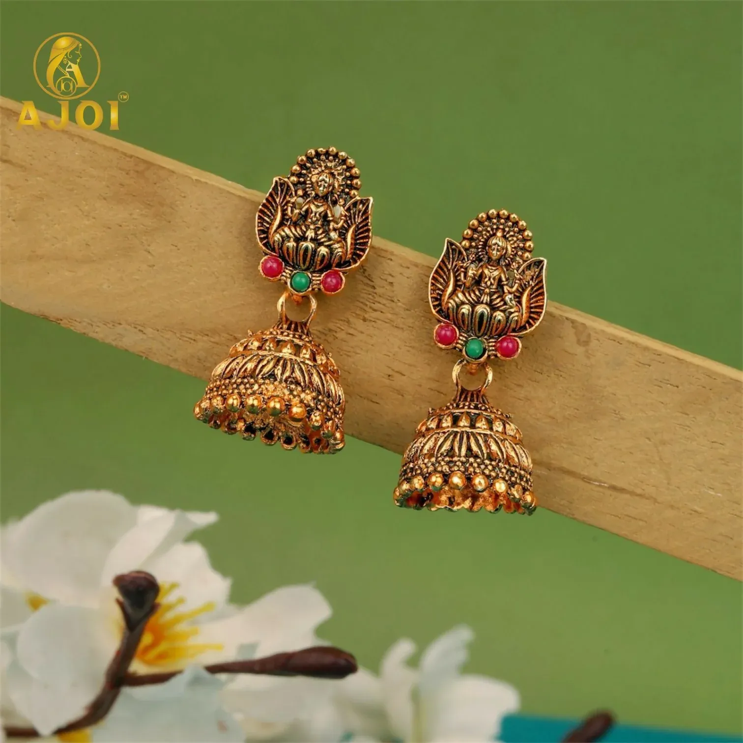 Traditional Antique Gold-Plated Temple Jhumka Earrings Combo Set for Women & Girls (Set of 5) - Detailed Feature View 1