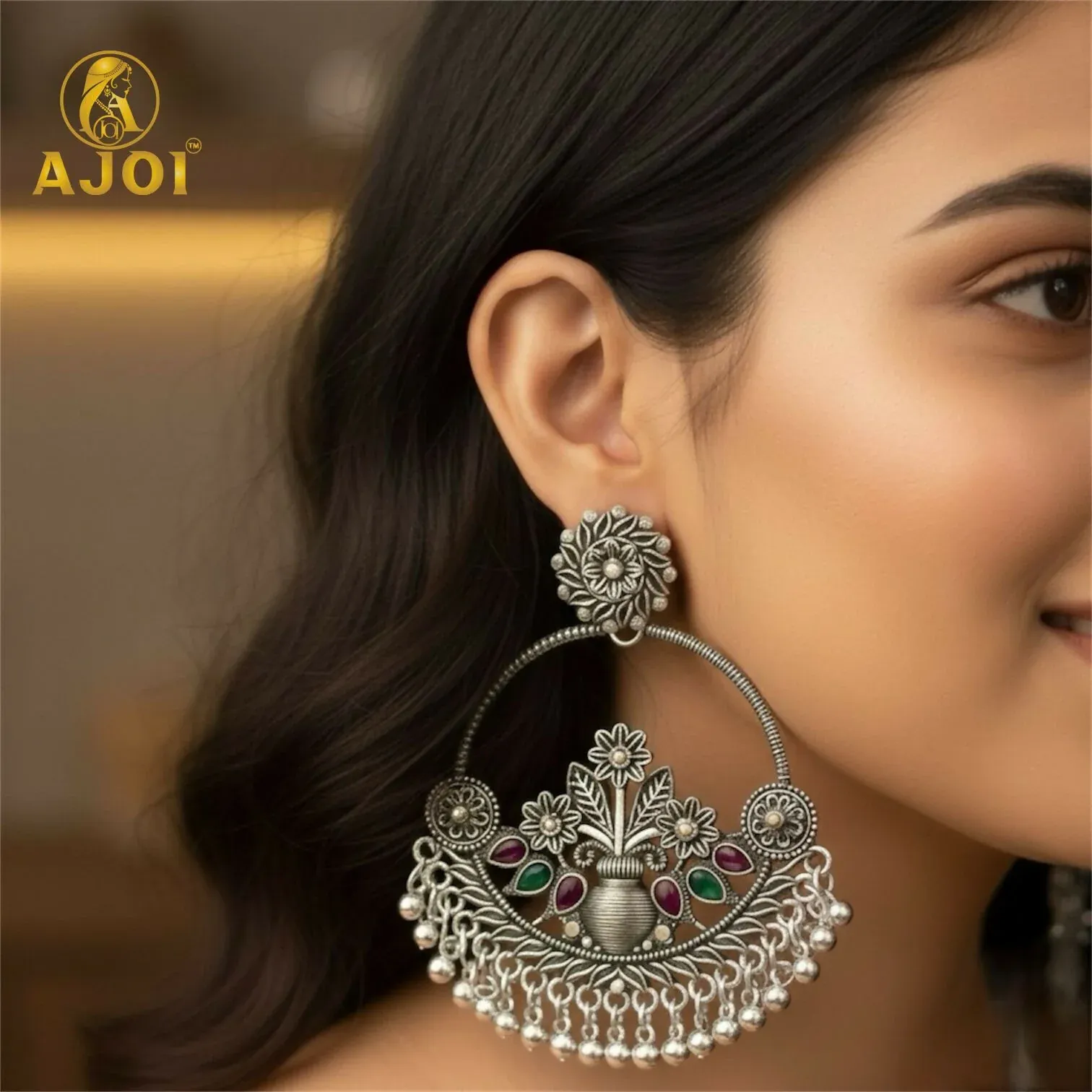 Oxidised Silver Floral Chandbali Earrings with Color Stones & Ghungroo - Detailed Feature View 1