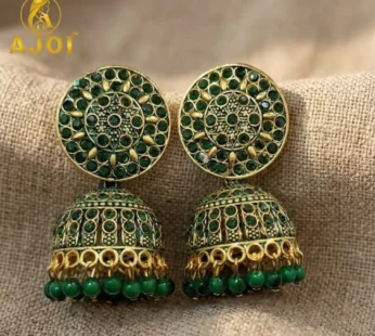 Antique Gold Green Stone Jhumka Earrings Traditional Ethnic Jewelry