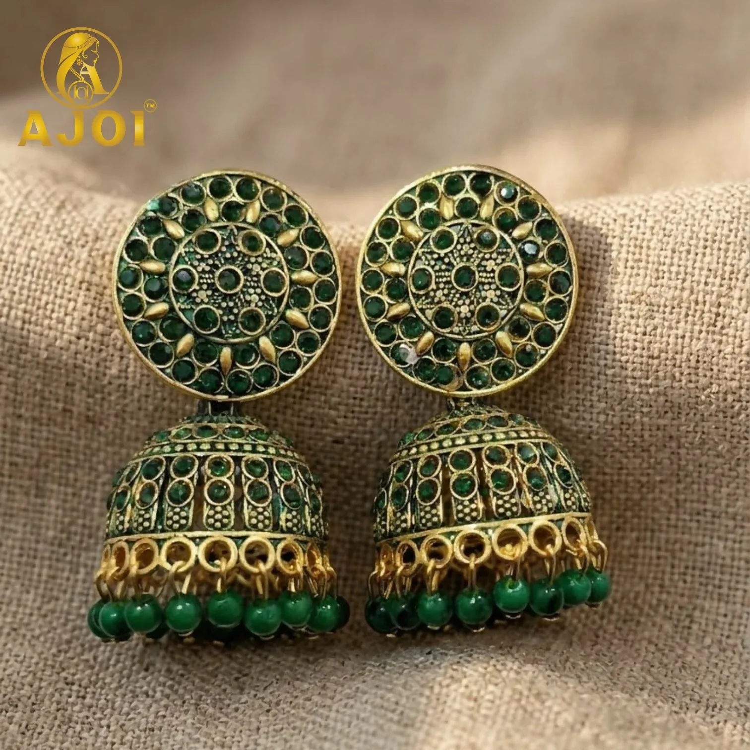 Premium Antique Gold Green Stone Jhumka Earrings Traditional Ethnic Jewelry - Buy Online at Alikart