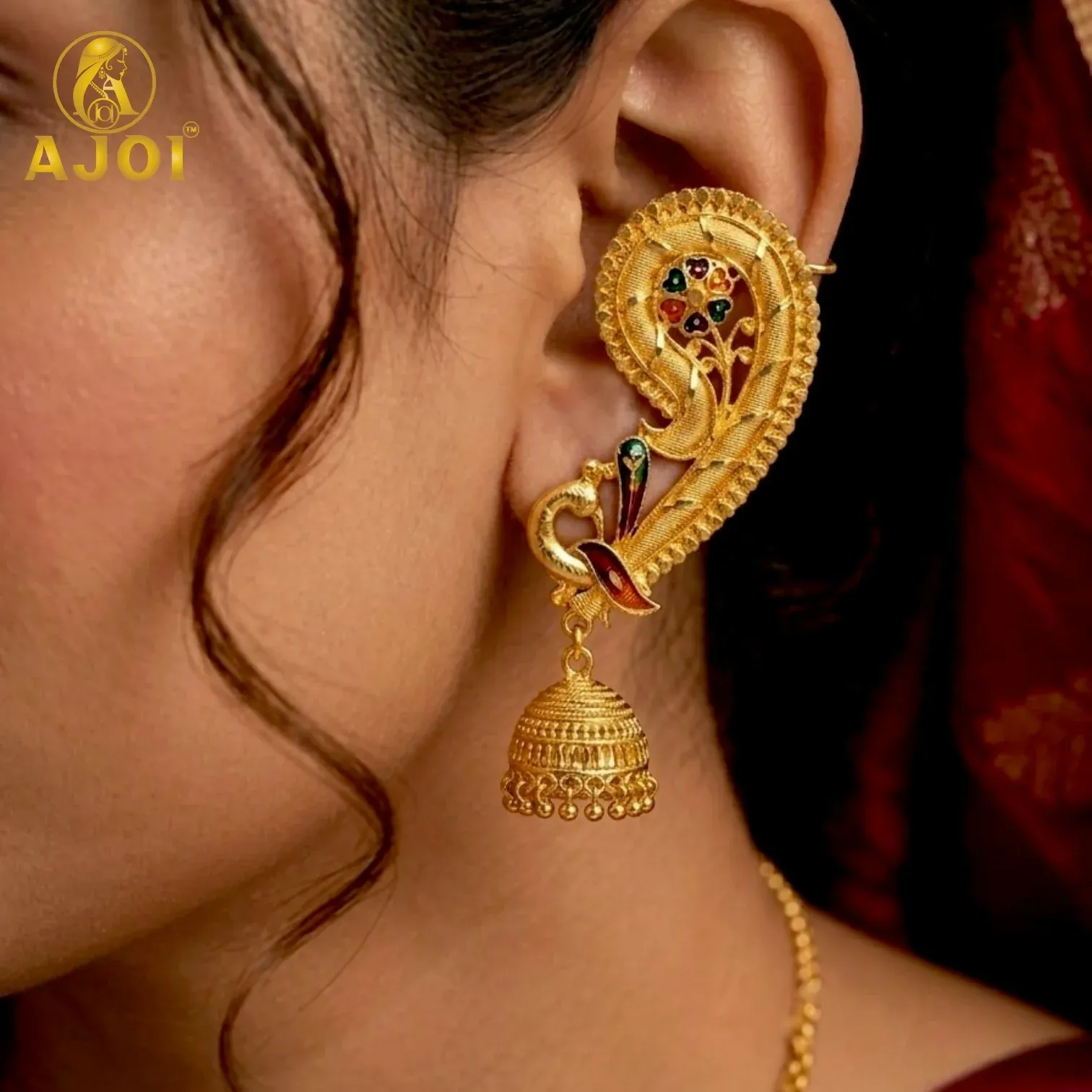 Premium Gold-Plated Peacock Paisley Ear Cuff Earrings with Jhumka Drop for Women - Detailed Feature View 1
