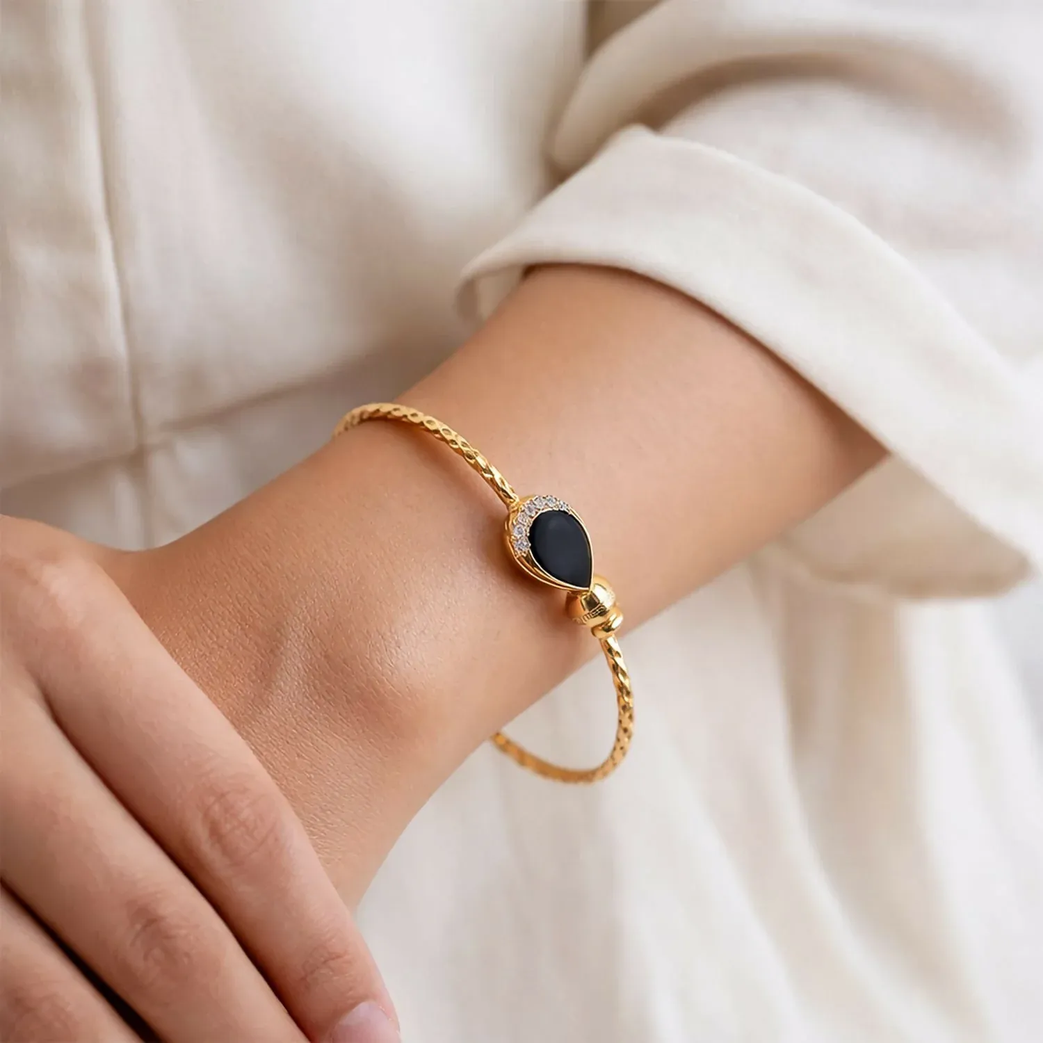 Gold Plated Black Stone Openable Kada Bracelet Pair - Detailed Feature View 3