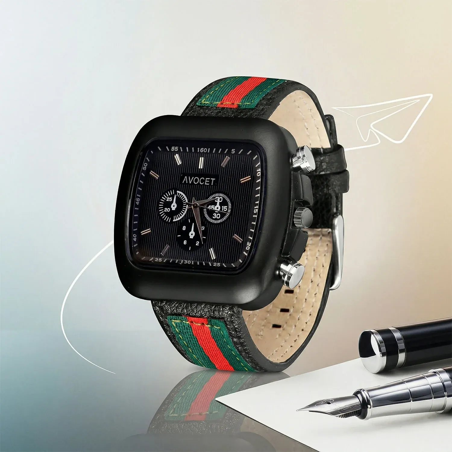 Premium Stylish Black Square Dial Analog Watch with Striped Strap & Metal Case - Buy Online at Alikart
