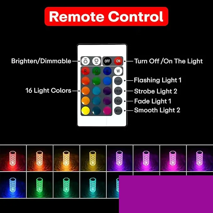 Crystal Diamond Table Lamp with Remote Control – Rechargeable Touch LED Night Light for Bedroom, Living Room & Romantic Decor – Multicolor Ambient Lighting for Parties, Gifts, and Home Interior Accents - Detailed Feature View 4