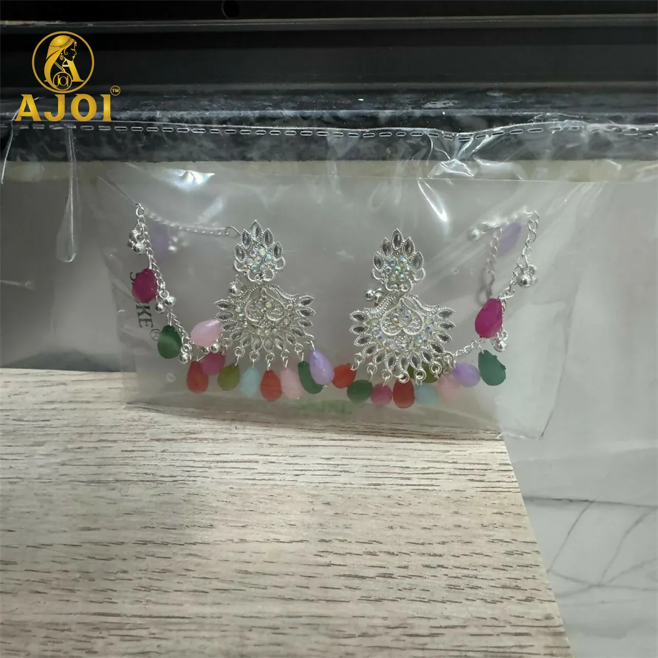 Royal Silver-Plated Kansar Earrings with Multicolor Beads & Floral Design - Detailed Feature View 4