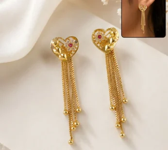 Gold Heart Dangle Earrings – Multi-Strand Tassels, Ruby Center