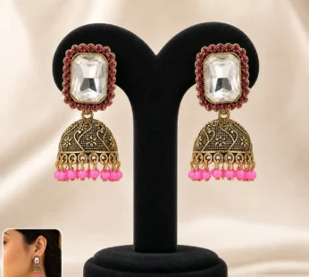 Pink Stone Antique Gold Jhumka Earrings with Clear Center Stud Design