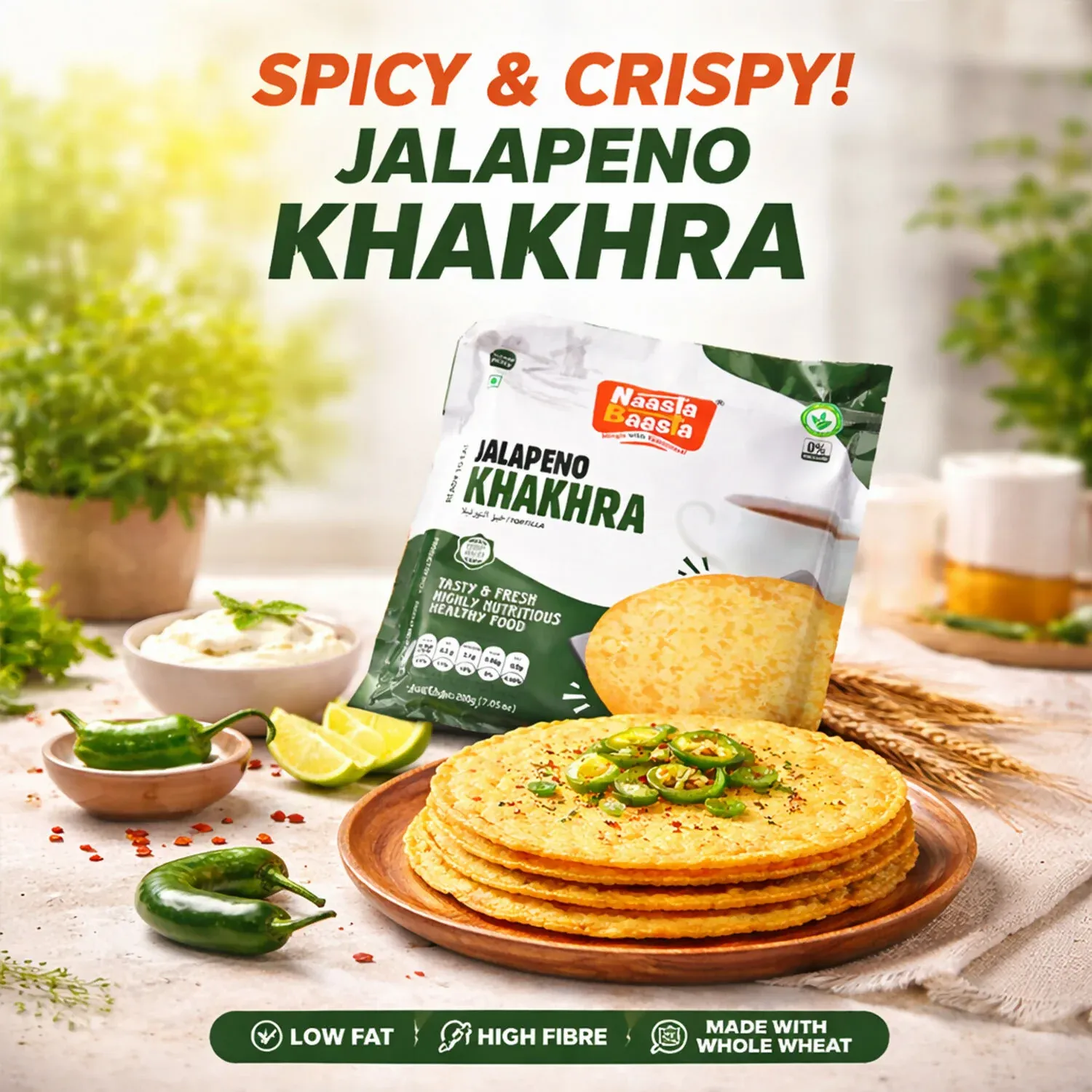 Naasta Baasta Jalapeno Khakhra Ready-to-Eat Crispy Whole Wheat Snack (200 Gm) - Detailed Feature View 1