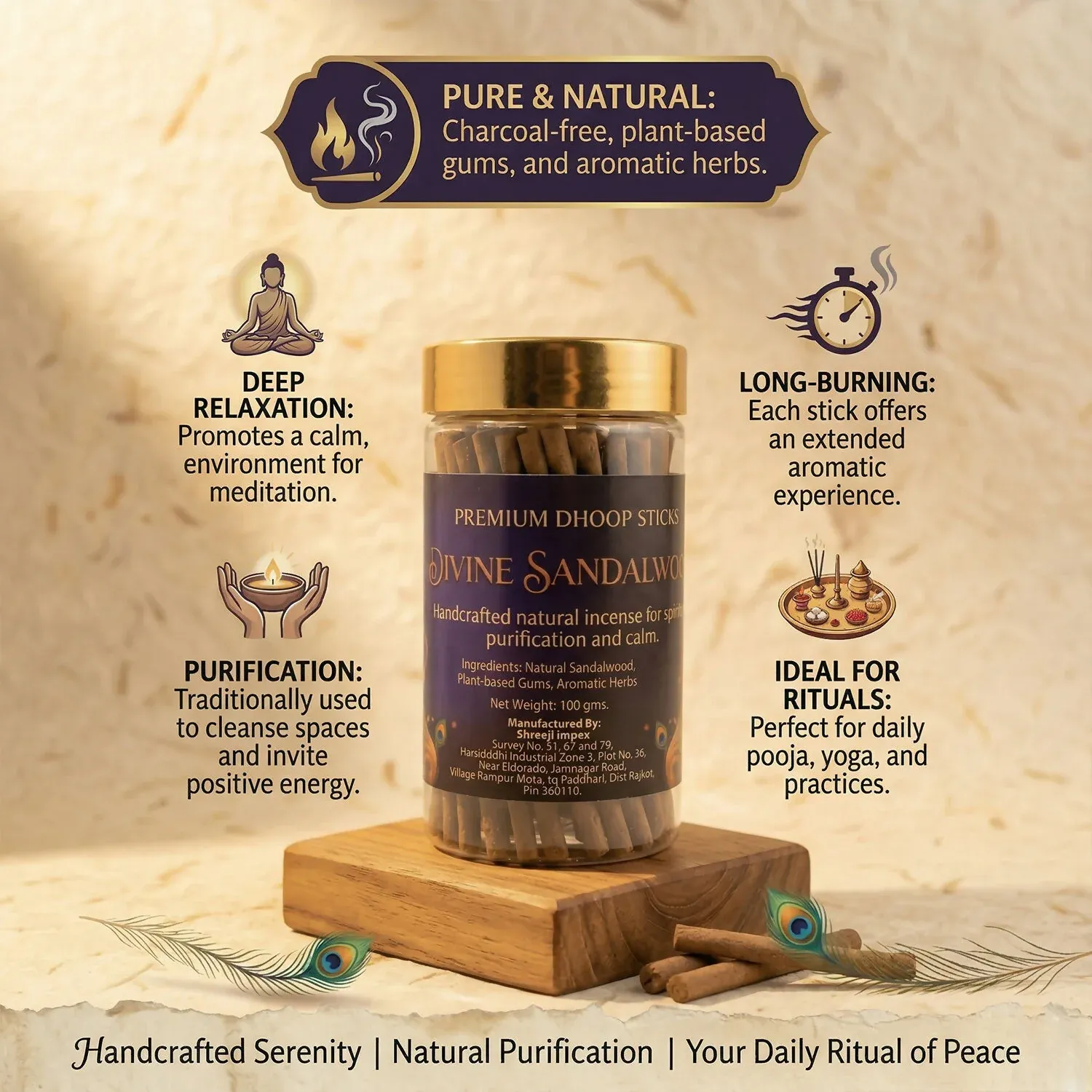 Divine Sandalwood Premium Dhoop Sticks - Natural Incense 100Gm - Detailed Feature View 3