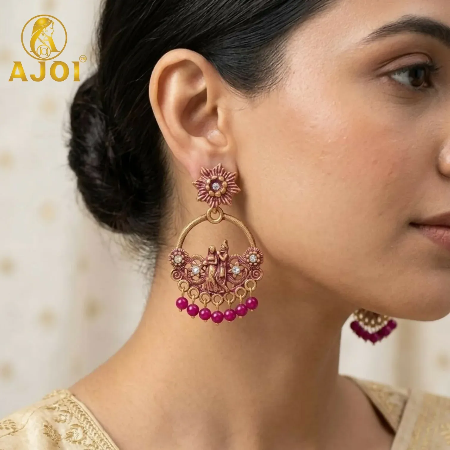 Antique Pink Radha Krishna Beaded Chandbali Ethnic Earrings for Women & Girls - Detailed Feature View 1
