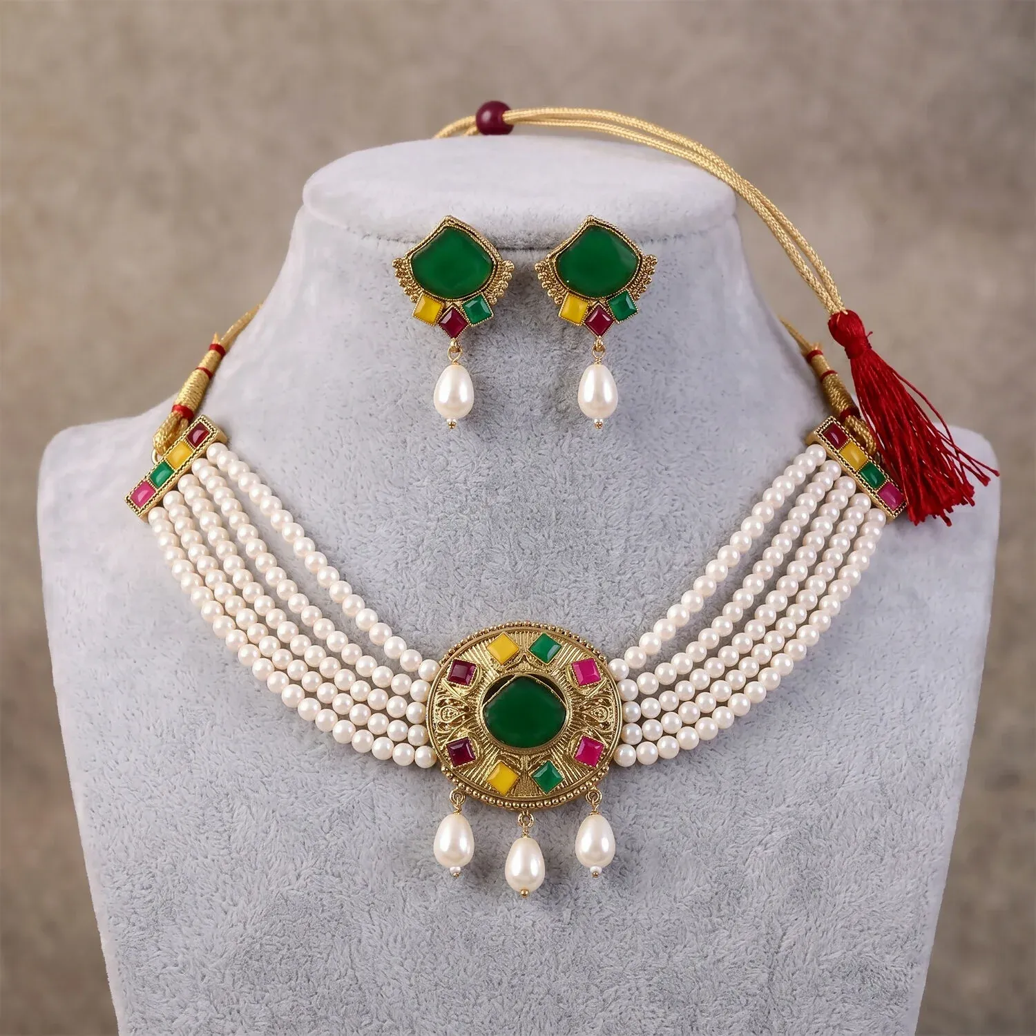 Traditional Green Stone Pearl Choker Necklace Set with Earrings for Women - Detailed Feature View 2