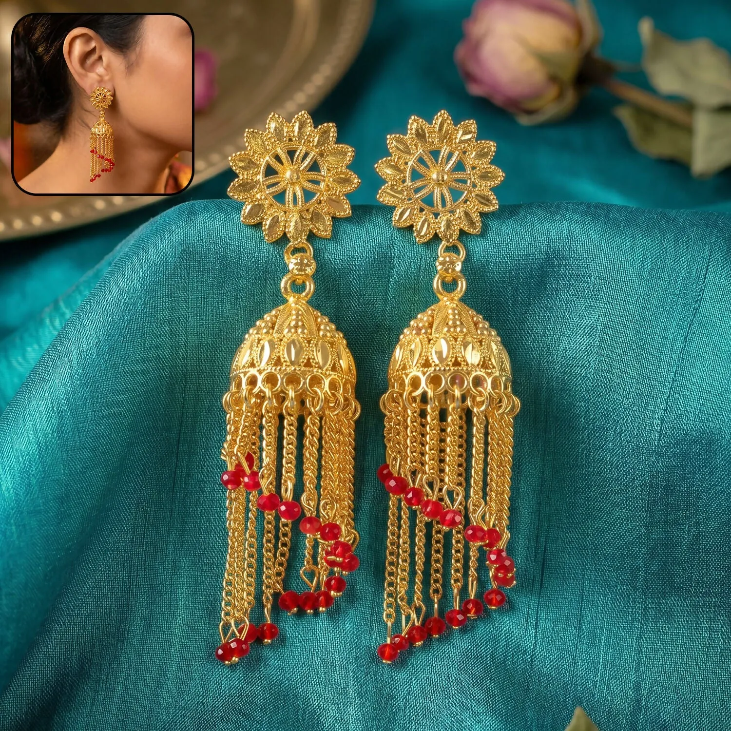 Premium Vintage Gold-Plated Jhumka Earrings with Pearl Accents - Buy Online at Alikart