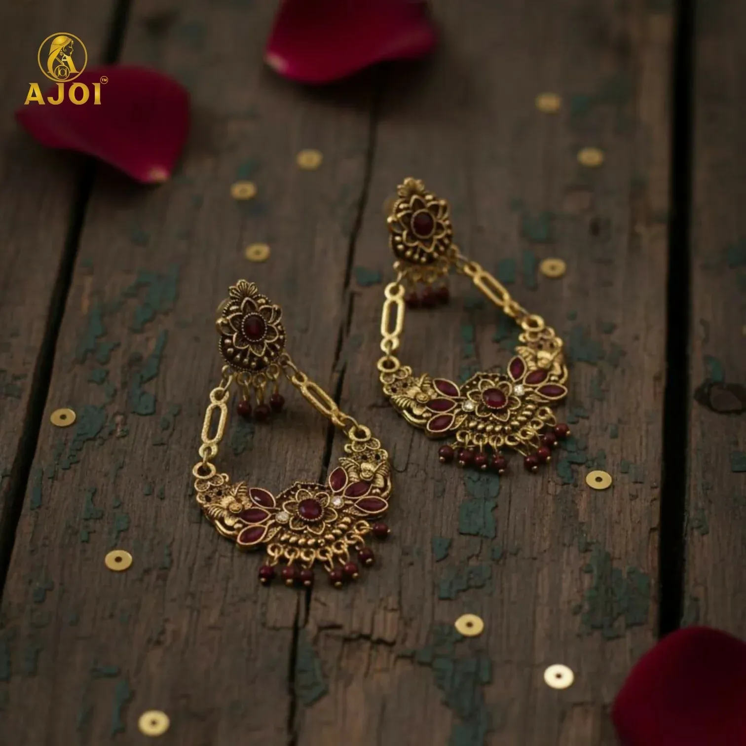 Vintage Maroon Floral Chandbali Earrings with Maroon Enamel Accents - Detailed Feature View 3