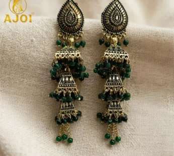 Antique Gold Oxidised Layered Triple Jhumka Earrings with Green Bead Tassel Drops