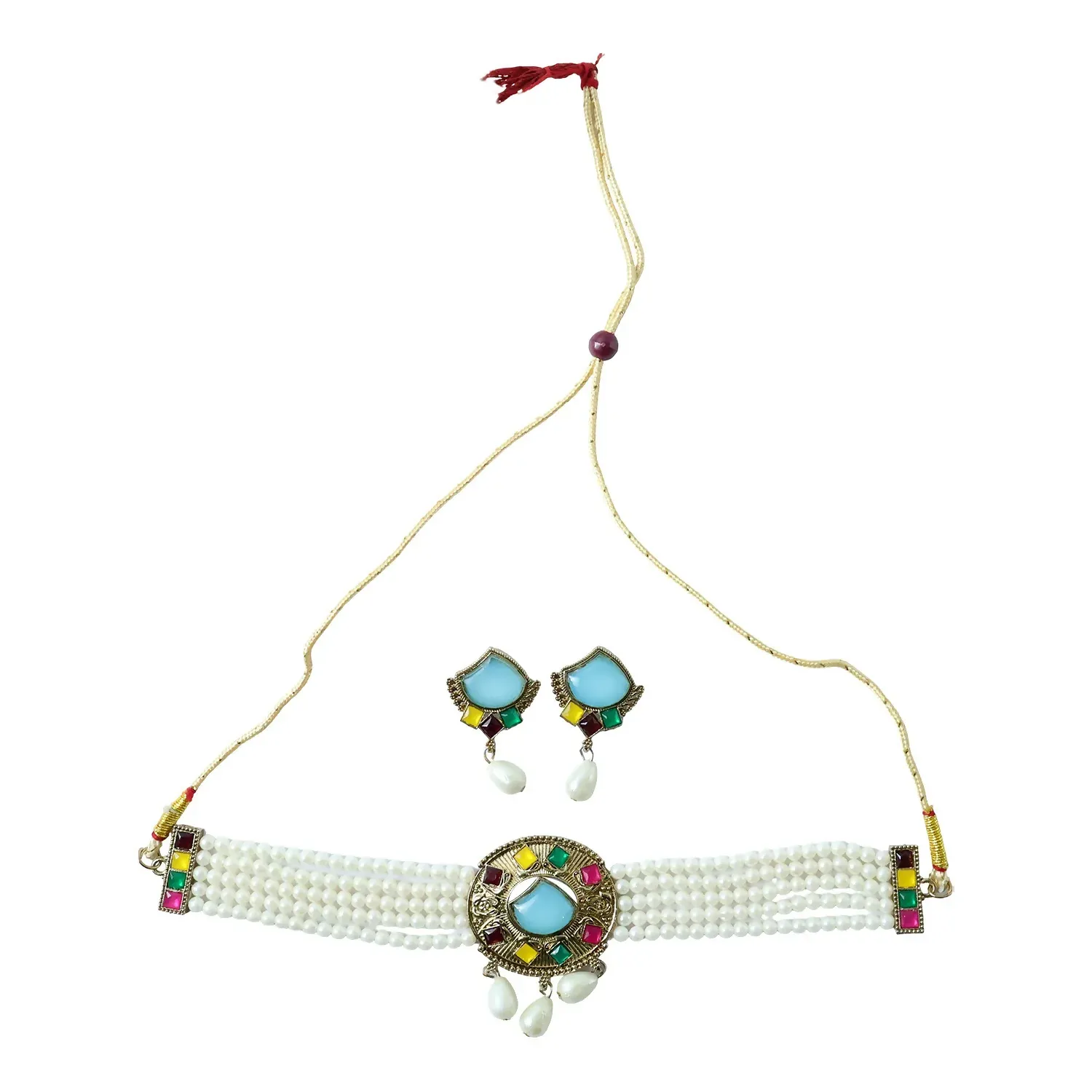 Traditional Sky Blue Stone Pearl Choker Necklace Set with Earrings for Women - Detailed Feature View 4