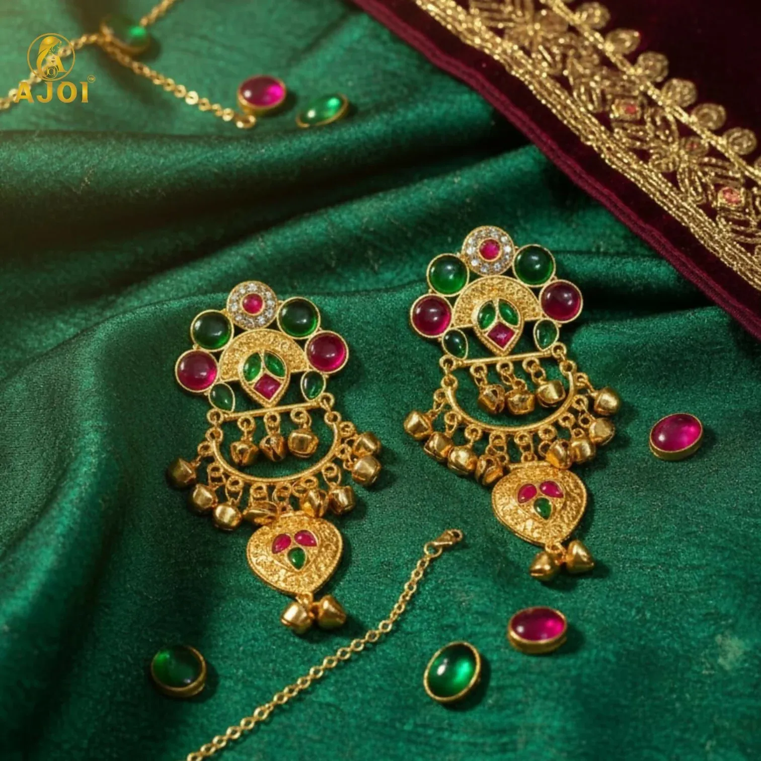 Kasmiri Gold-Plated Chandbali Earrings with Green & Pink Stones - Detailed Feature View 2