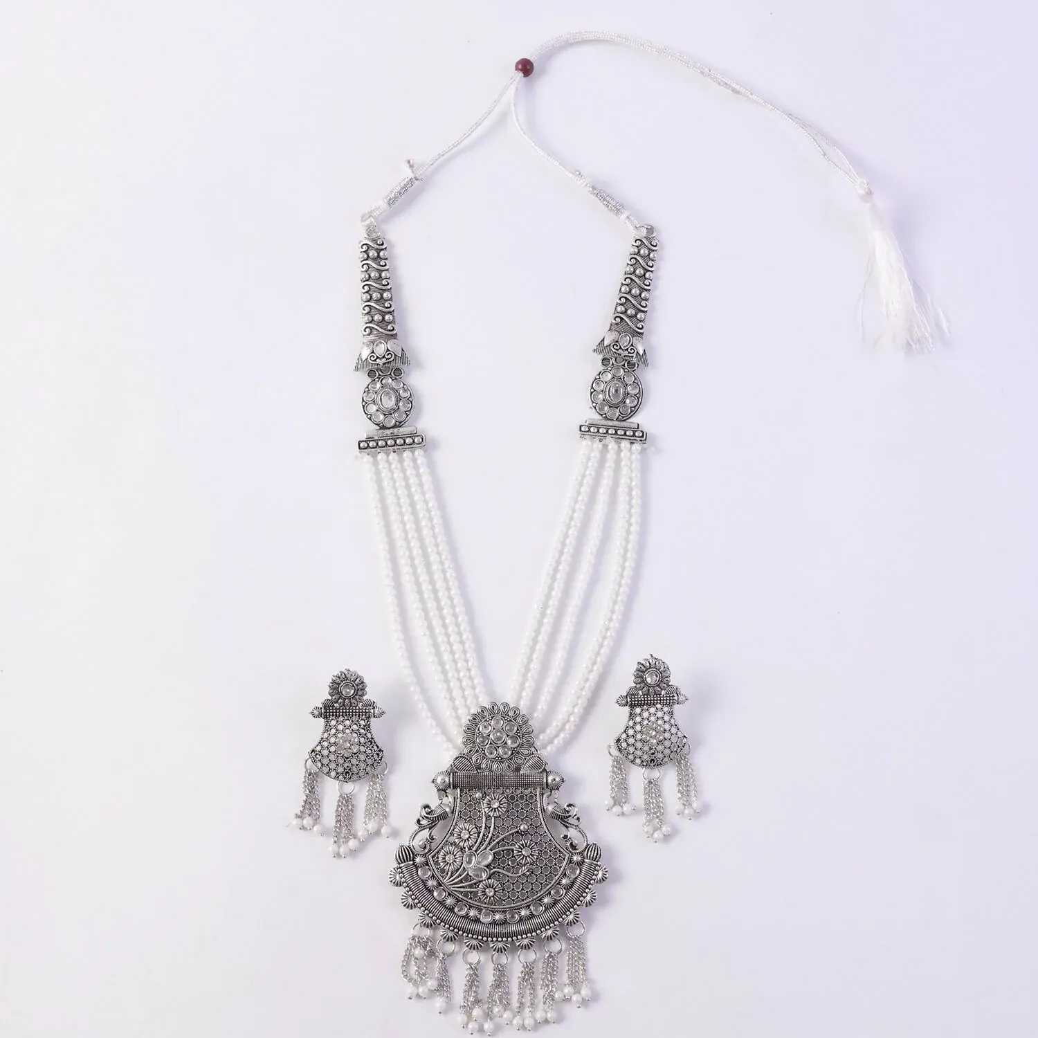 Traditional Silver Necklace Set with Ornate Pendant and Earrings - Detailed Feature View 5