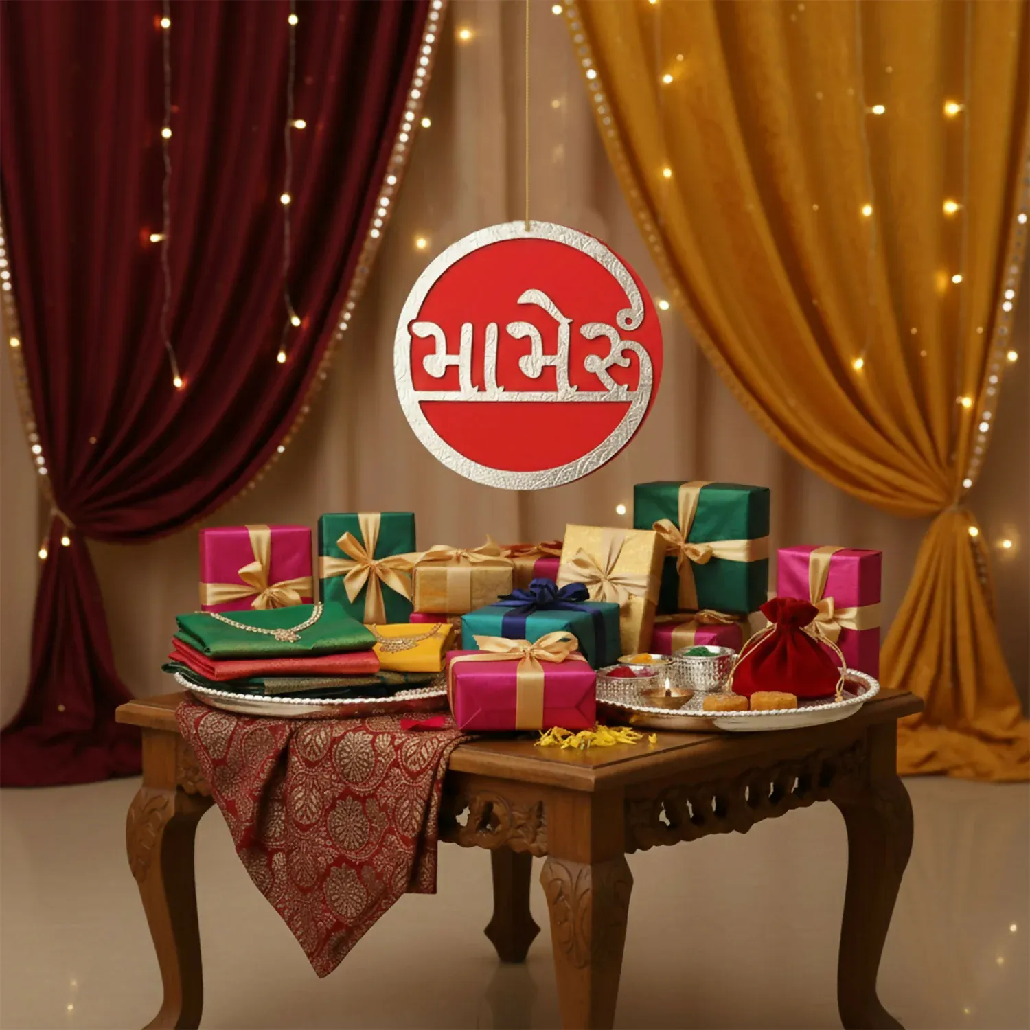 Mameru Ceremony Wall Hanging | Gujarati Wedding Red & Gold Decor - Detailed Feature View 2