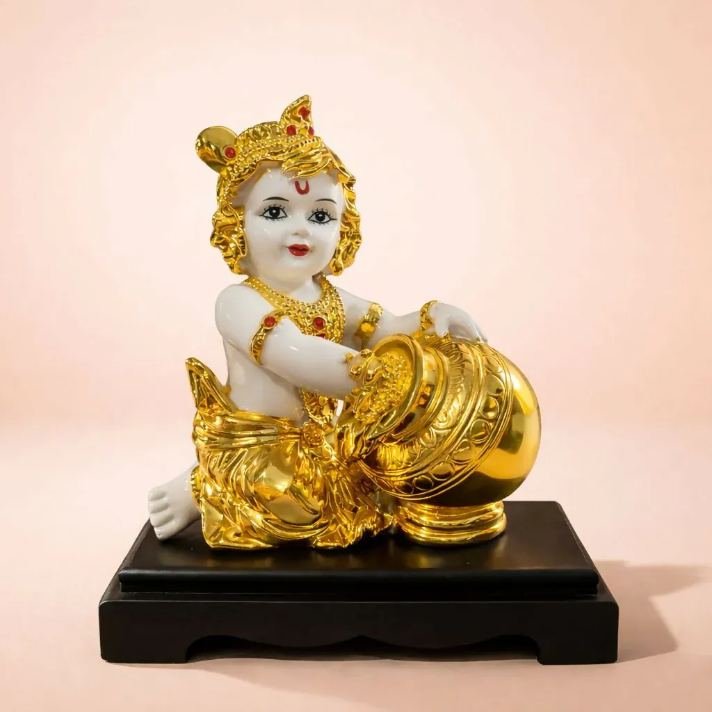 Bal Krishna Idol with Golden Butter Pot for Home Temple Décor - Detailed Feature View 1