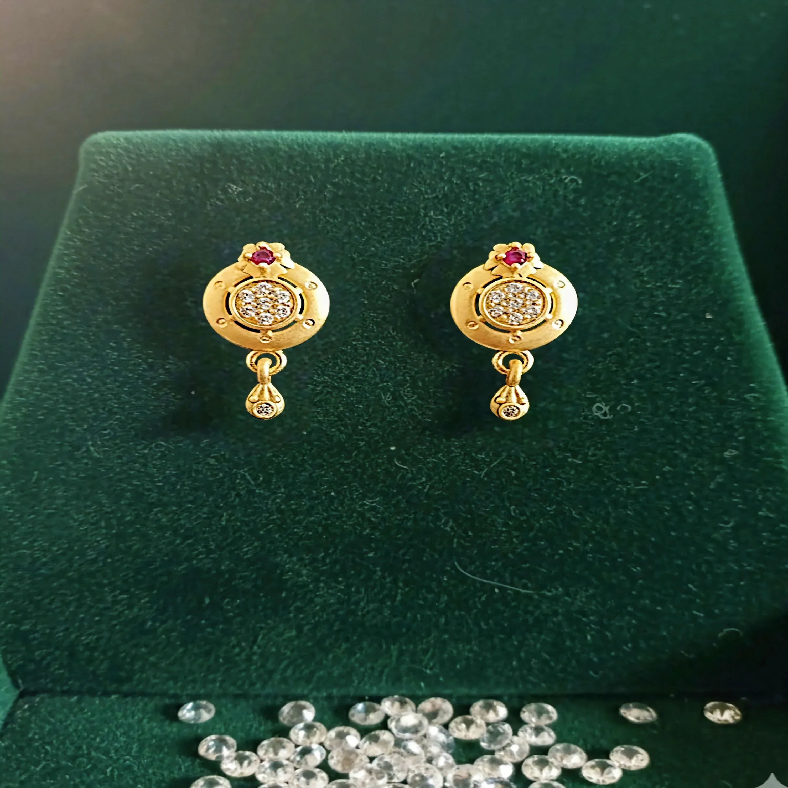 Gold-Plated Circular Pendant Necklace with Matching Drop Earrings – Floral Diamond & Ruby Accents - Detailed Feature View 3