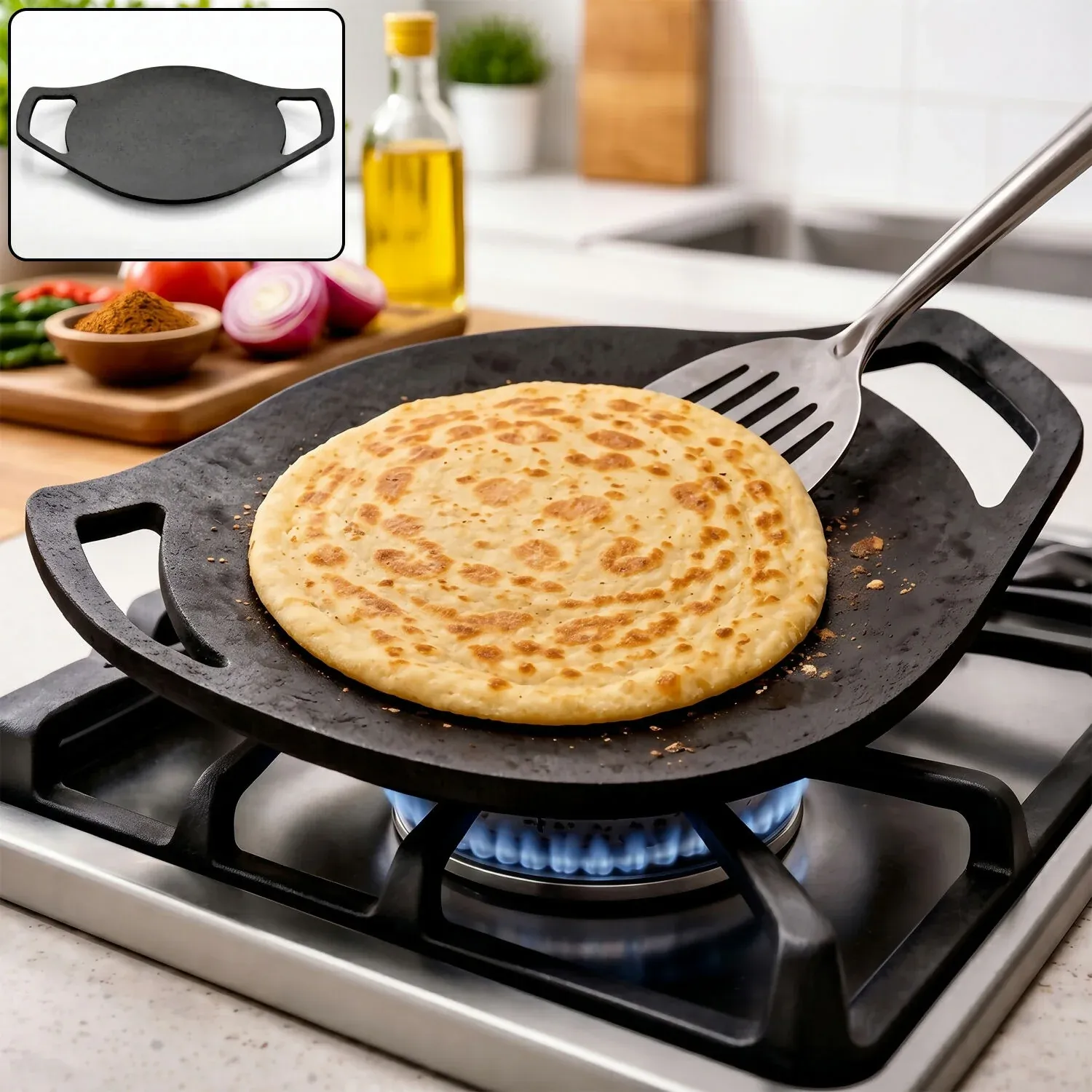 Premium Pre-Seasoned 28cm Cast Iron Roti Tawa with Double Handles - Buy Online at Alikart