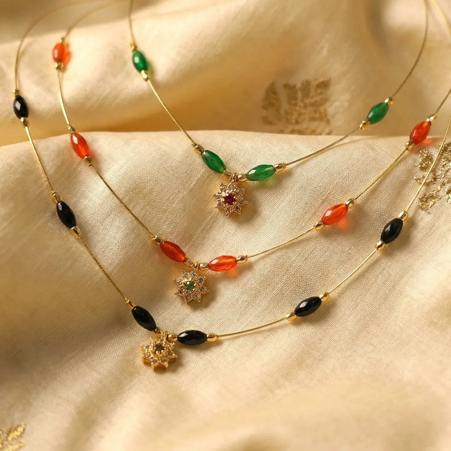 Multicolor Bead Gold Necklace with Elegant Floral Pendant (3Pc/Set) - Detailed Feature View 4
