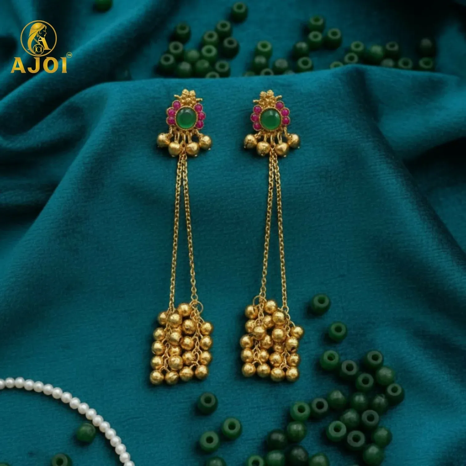 Imperial Kashmiri Gold-Plated Ear Cuff Chain Earrings with Emerald & Ruby Accents - Detailed Feature View 3