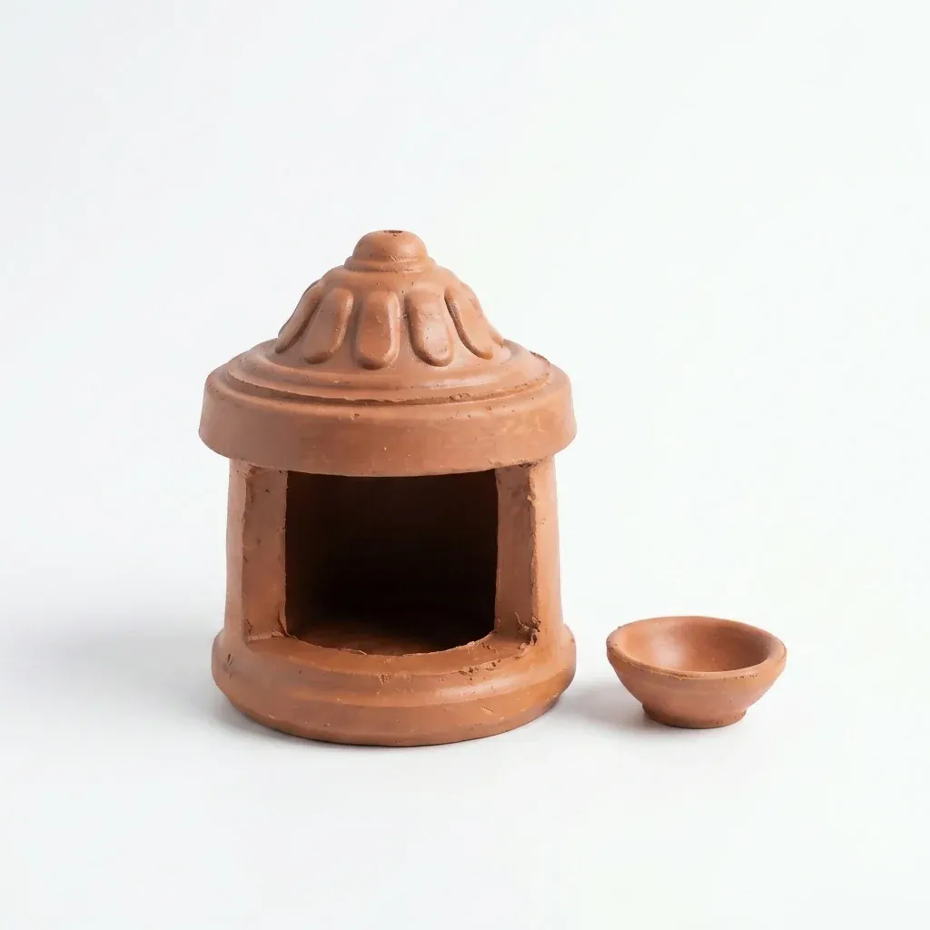 VedicHome Terracotta Clay Diya Lamp with Protective Hut Cover - Detailed Feature View 3