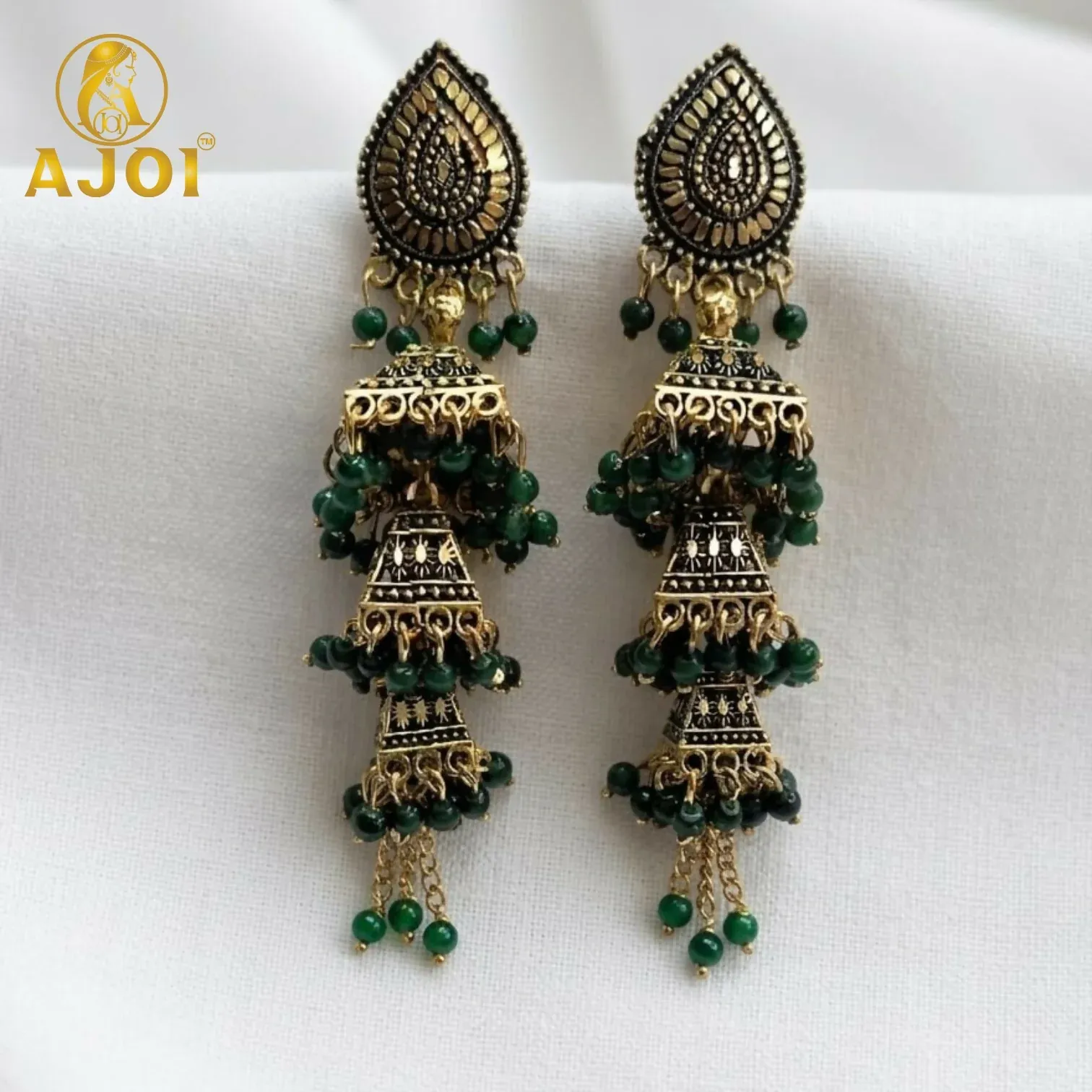 Antique Gold Oxidised Layered Triple Jhumka Earrings with Green Bead Tassel Drops - Detailed Feature View 2