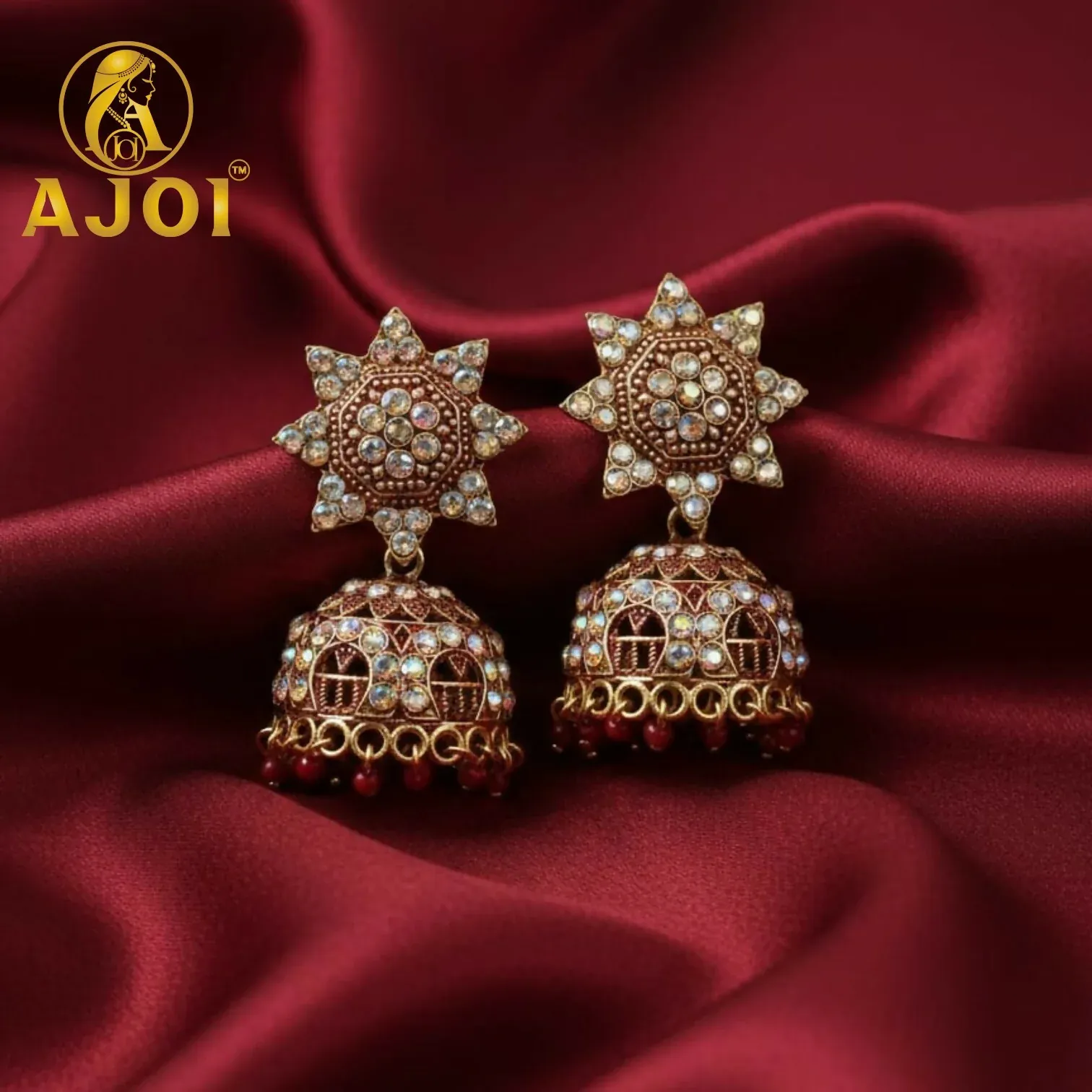Premium Traditional Gold Plated Kundan Jhumka Earrings with Red Bead Drops - Buy Online at Alikart