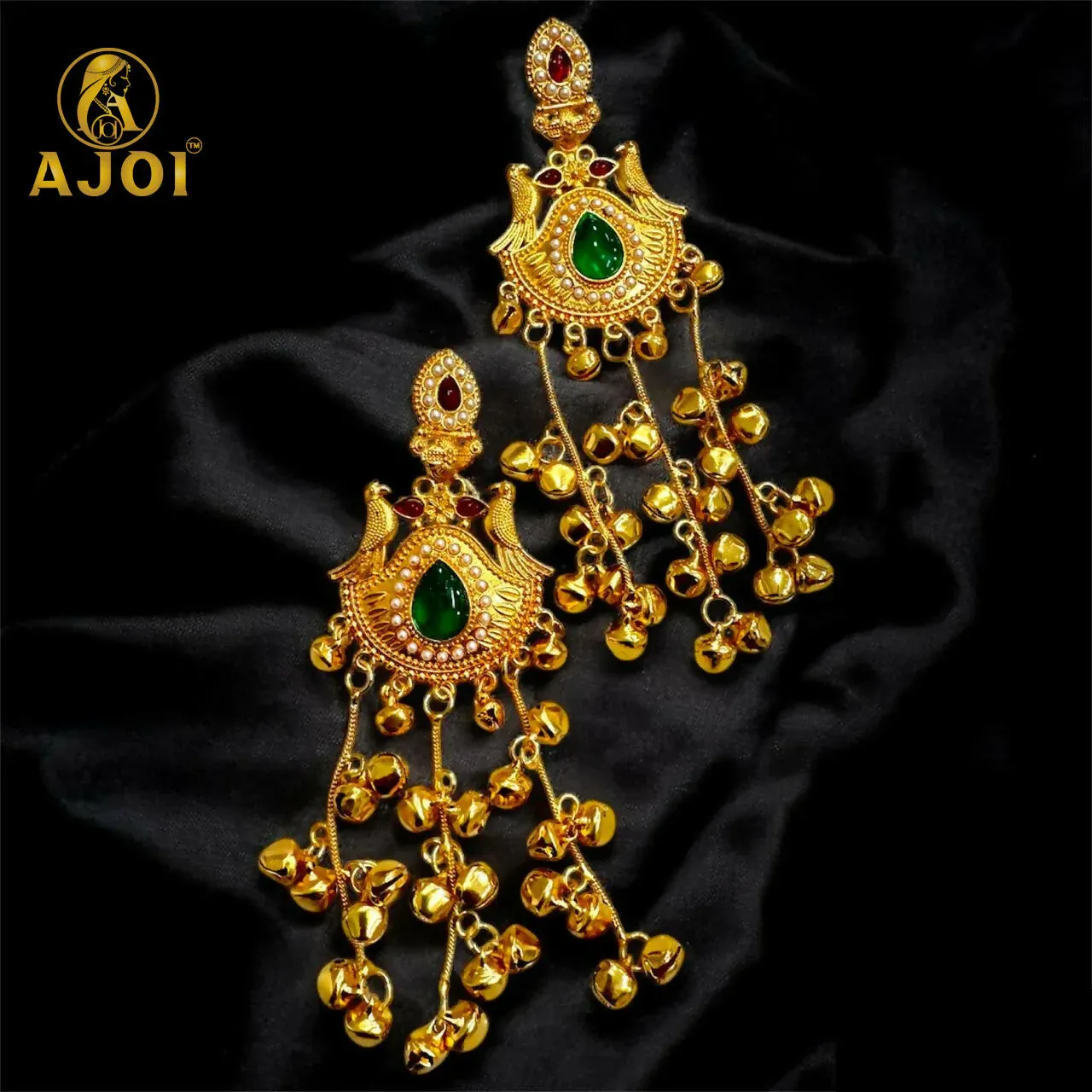 Traditional Kashmiri Gold-Plated Jhumka Earrings with Green Stone & Ghungroo Drops - Detailed Feature View 3