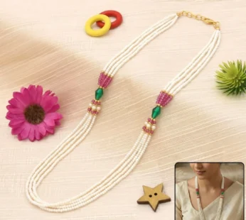 Elegant Multi-Layer Pearl Necklace with Pink & Green Accents
