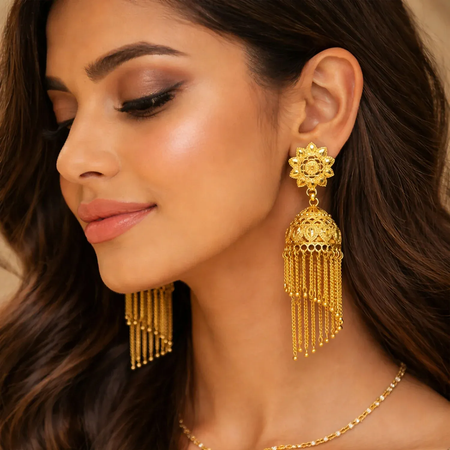 Traditional Gold Tone Floral Jhumka Earrings with Chain Tassels - Detailed Feature View 3
