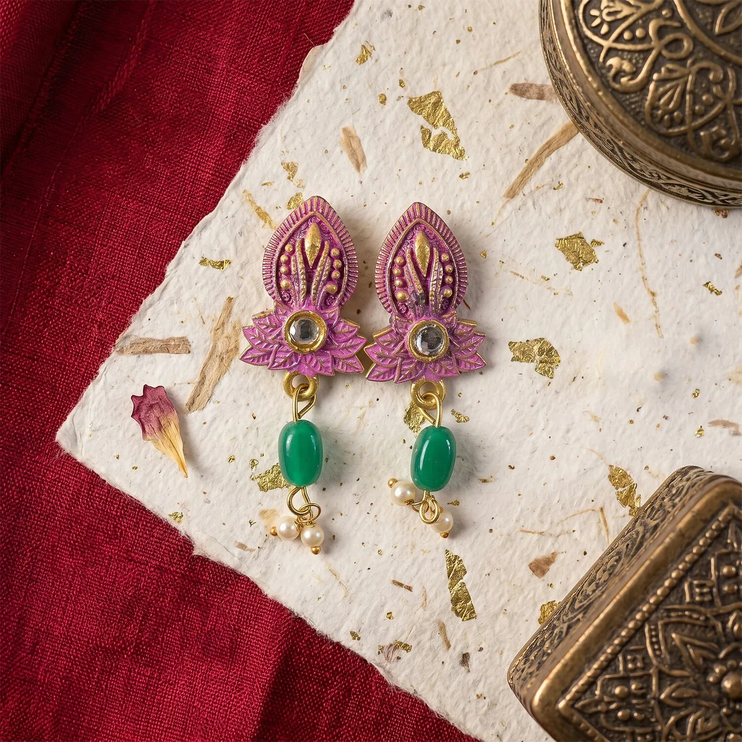 Pink Beaded Ethnic Necklace Set with Earrings - Adjustable Thread - Detailed Feature View 3