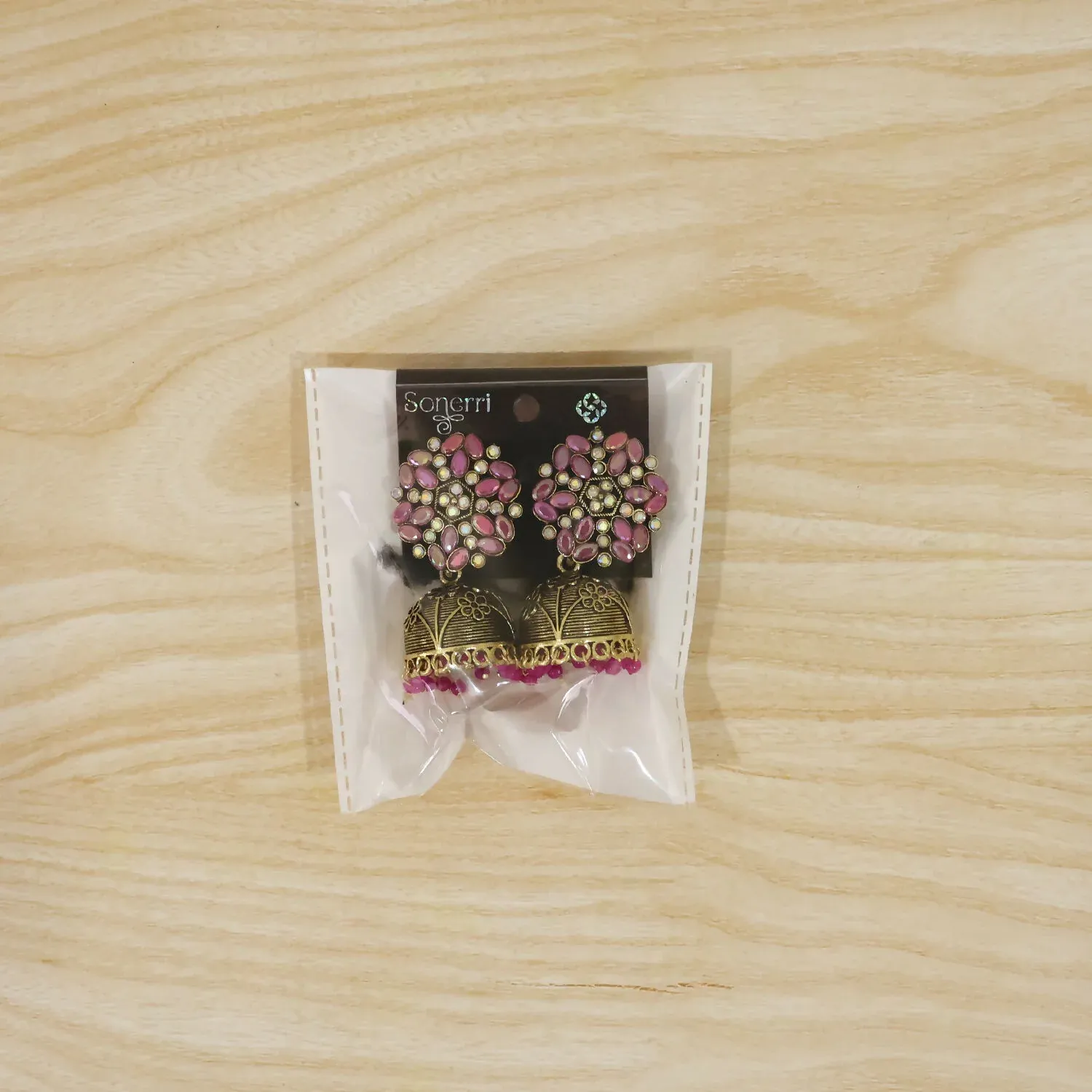 Antique Gold Jhumka Earrings with Pink Stone Floral Top - Detailed Feature View 5