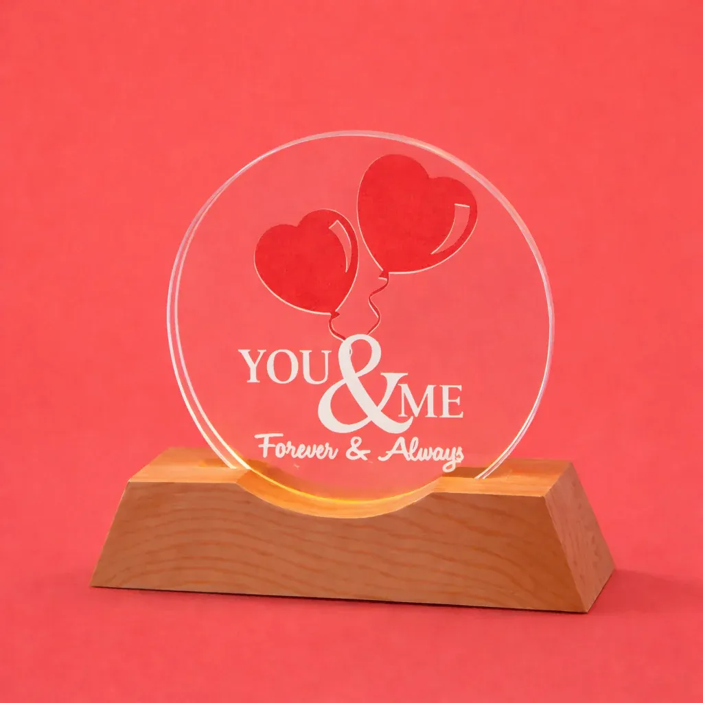 You & Me Forever LED Acrylic Lamp with Wooden Base | Romantic Night Light - Detailed Feature View 2