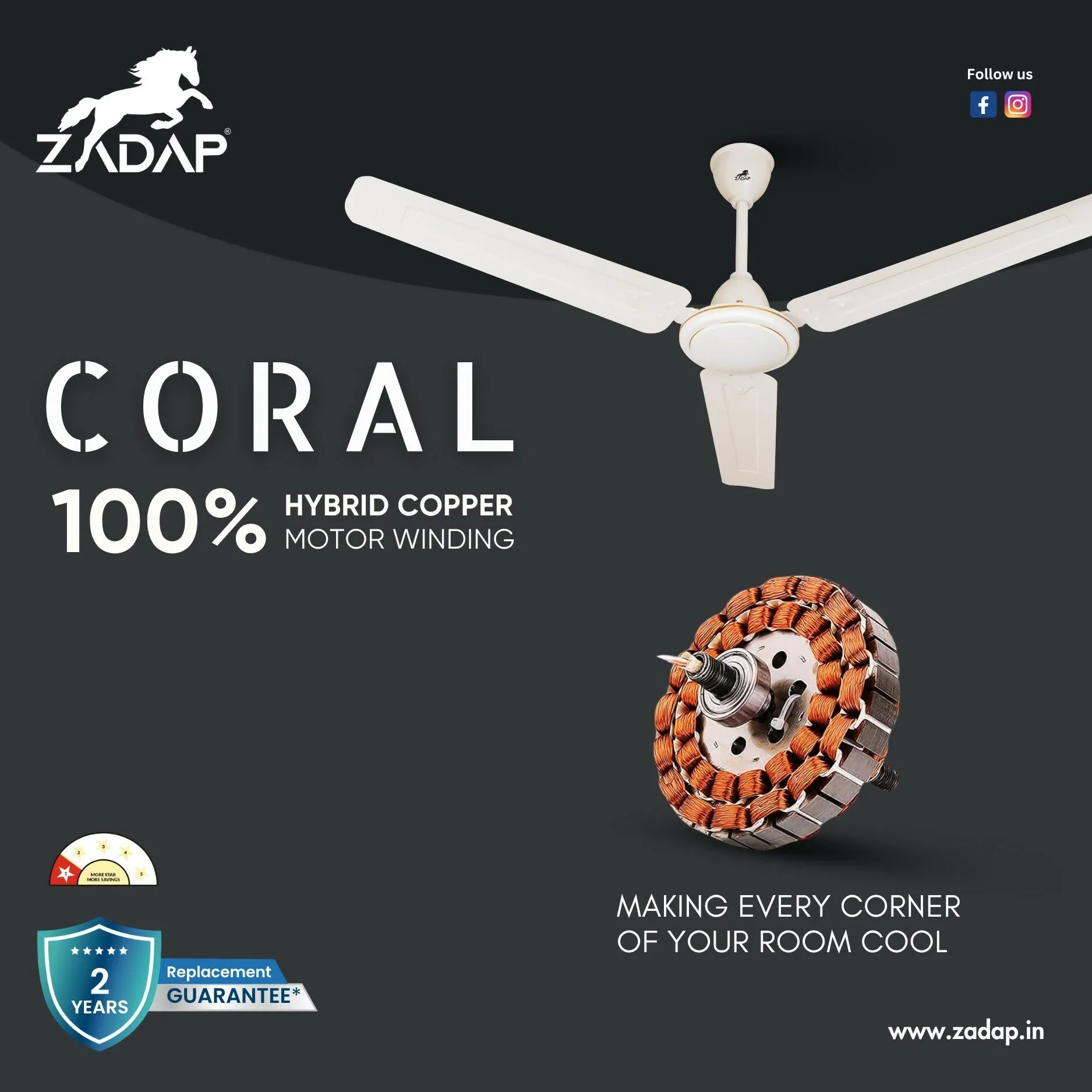 ZADAP 1200mm Ivory High Speed Silent Ceiling Fan - Detailed Feature View 5