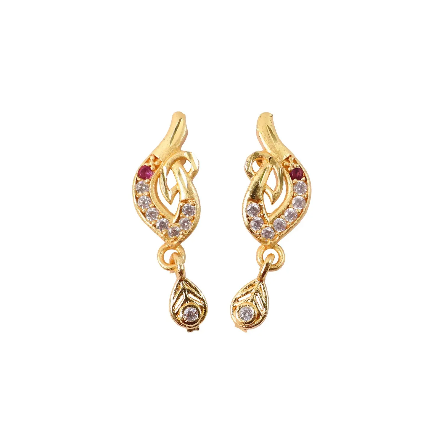 Gold Leaf Drop Earrings with Stone Details - Pair - Detailed Feature View 4