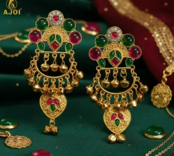 Kasmiri Gold-Plated Chandbali Earrings with Green & Pink Stones