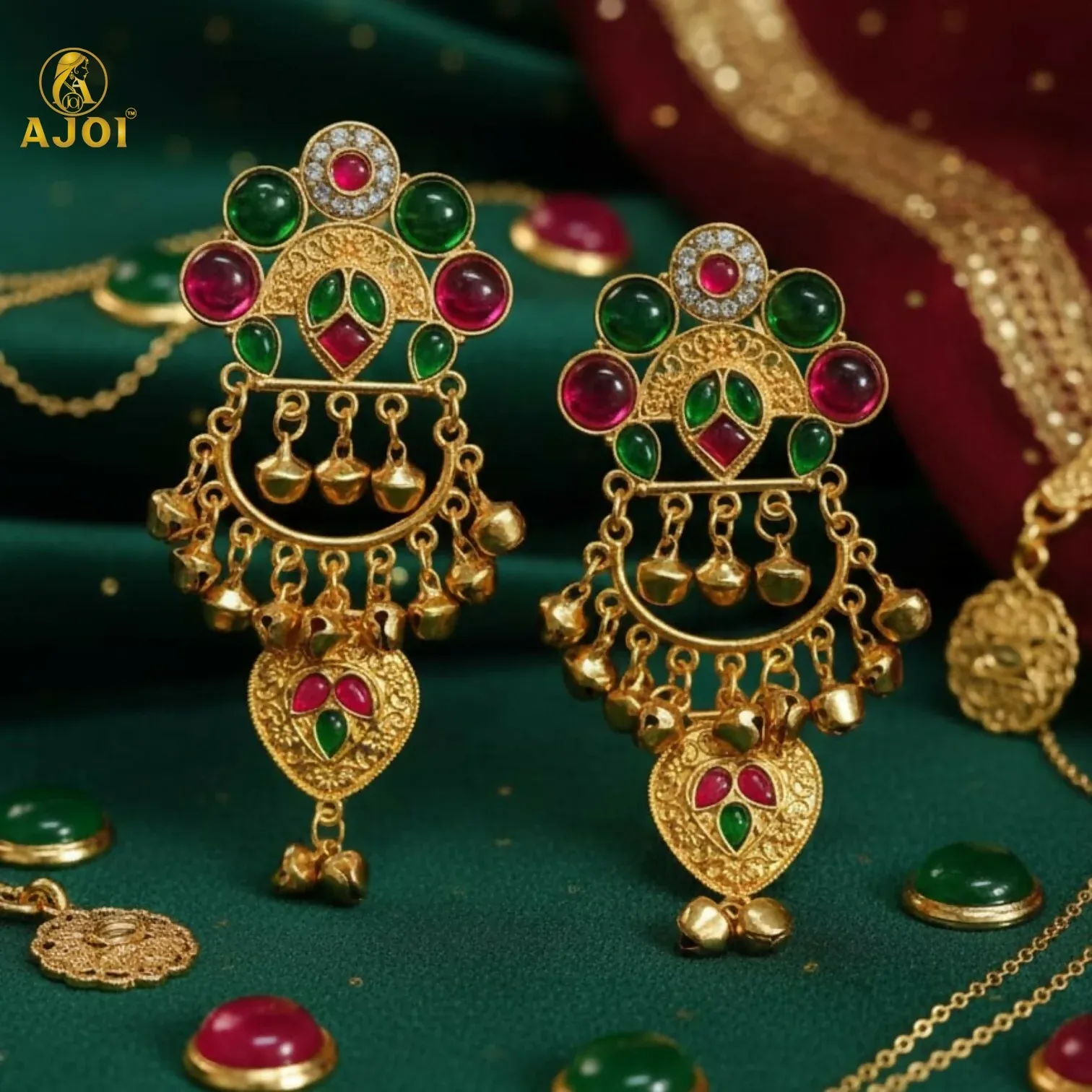 Premium Kasmiri Gold-Plated Chandbali Earrings with Green & Pink Stones - Buy Online at Alikart