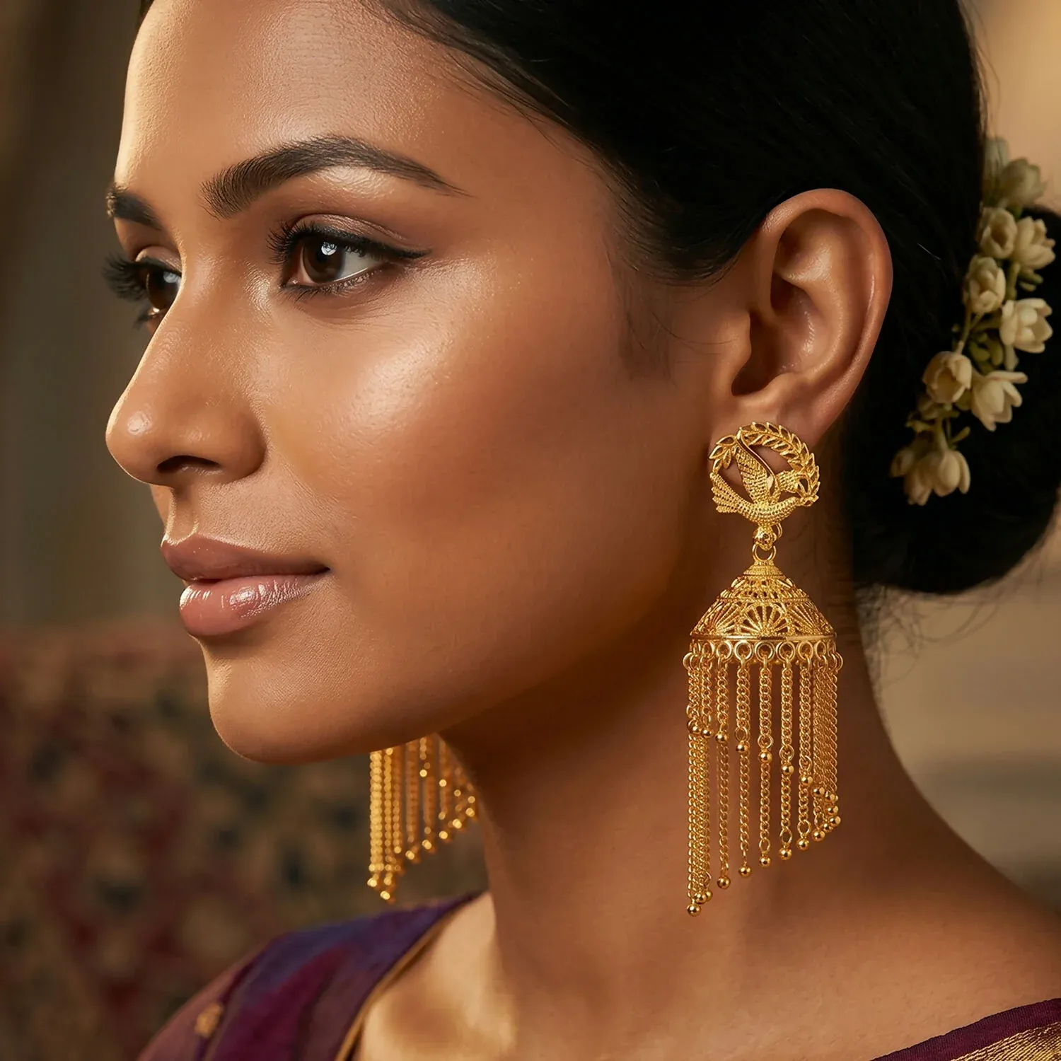 Golden Leaf Design Long Chain Tassel Jhumka Earrings for Women - Detailed Feature View 1