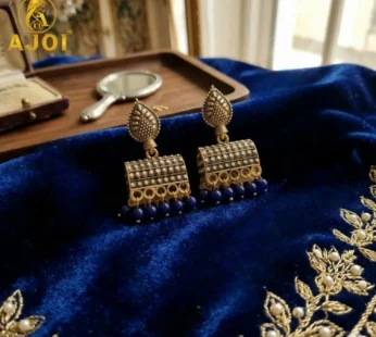 Antique Gold-Plated Leaf Design Jhumka Earrings with Blue Beads