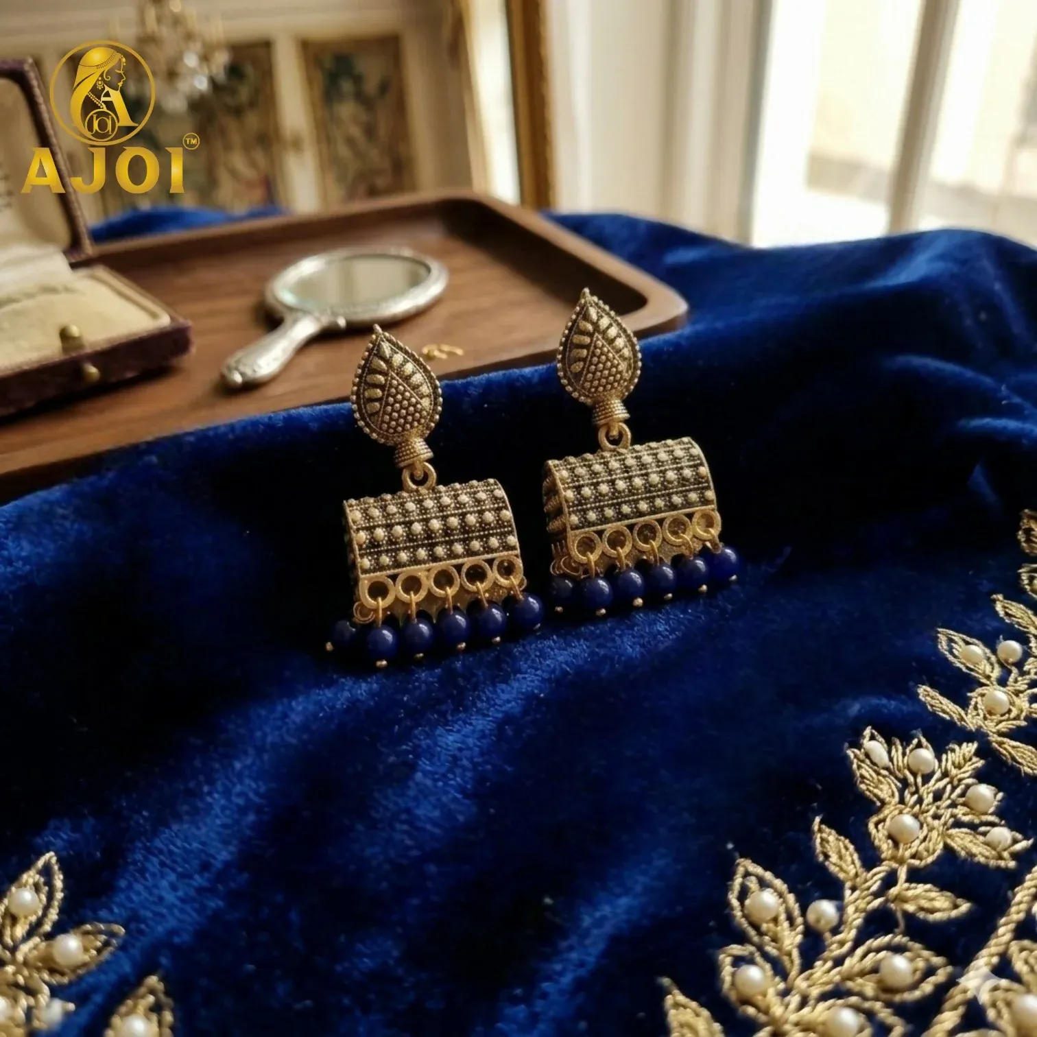 Premium Antique Gold-Plated Leaf Design Jhumka Earrings with Blue Beads - Buy Online at Alikart