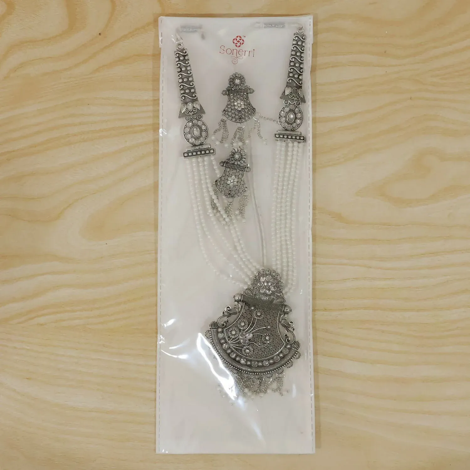 Traditional Silver Necklace Set with Ornate Pendant and Earrings - Detailed Feature View 6