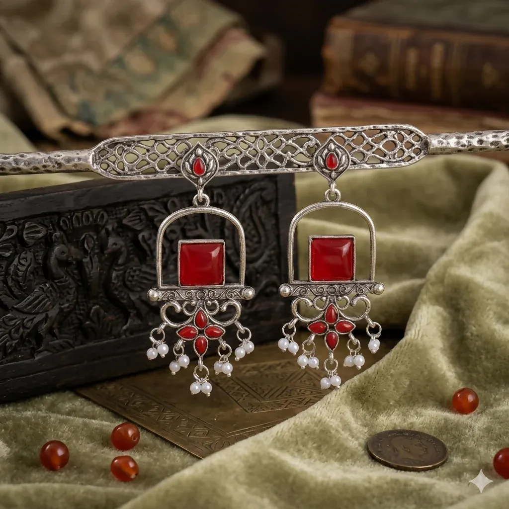 Elegant Red Stone Oxidized Silver Pearl Drop Chandelier Earrings - Detailed Feature View 2