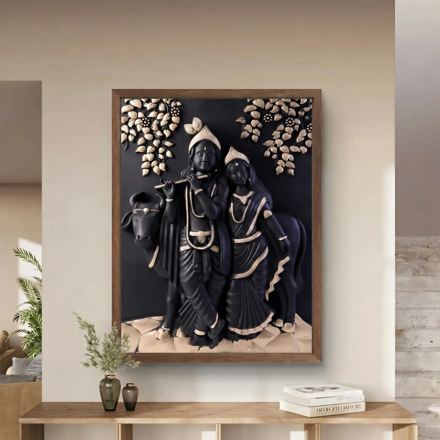 Radha Krishna 3D Wall Art Frame Black & Gold Spiritual Decor - Detailed Feature View 1